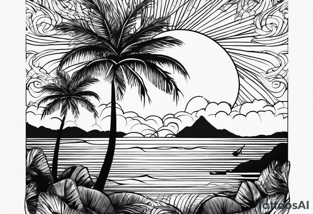 palm tree front of a sunset and waves tattoo idea