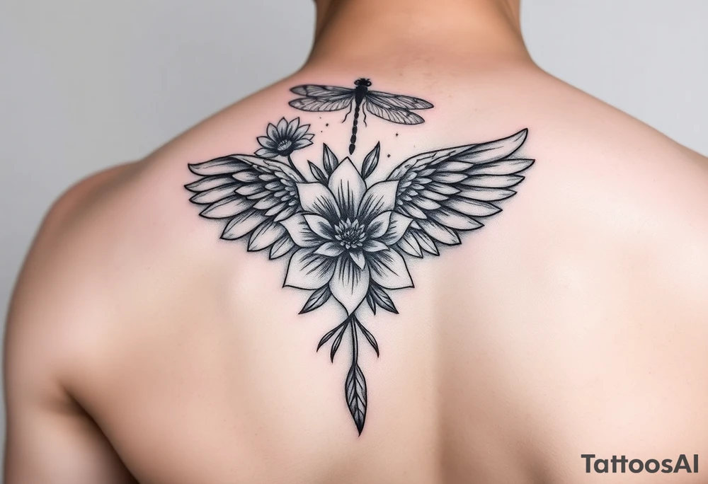 Angel wing shoulder design with a floral waterlily and dragonfly design above it tattoo idea