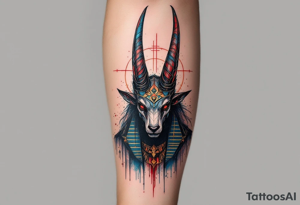 An Anubis with a Halo - Blending Egyptian mythology with Christian spirituality (only red , blue and black are possible colors) tattoo idea