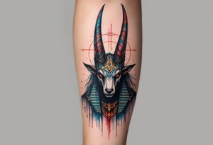 An Anubis with a Halo - Blending Egyptian mythology with Christian spirituality (only red , blue and black are possible colors) tattoo idea