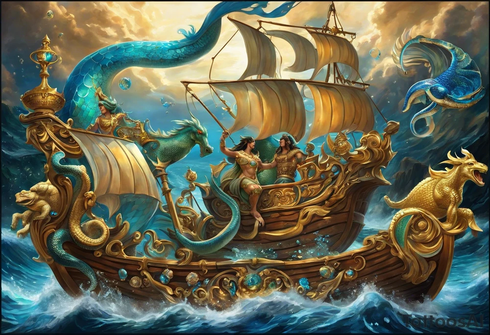 the tatto will be large in the middle there are sea horses guiding neptunes chariot they are the mythical beast castor and phalox, on the upper right is a blue nose and a rock sourrounded by water, on the upper left is a turtle with a golden shell and on the bottom is a ribbon with a sparrow on each side holding it up tattoo idea