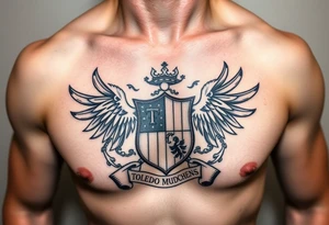 Family crest from Ireland with the The Toledo Mudhens Baseball Team, a very dark  And Demonic And Midevel Featurs Made Into a full chest tattoo with Smith last name heritage and meaning tattoo idea