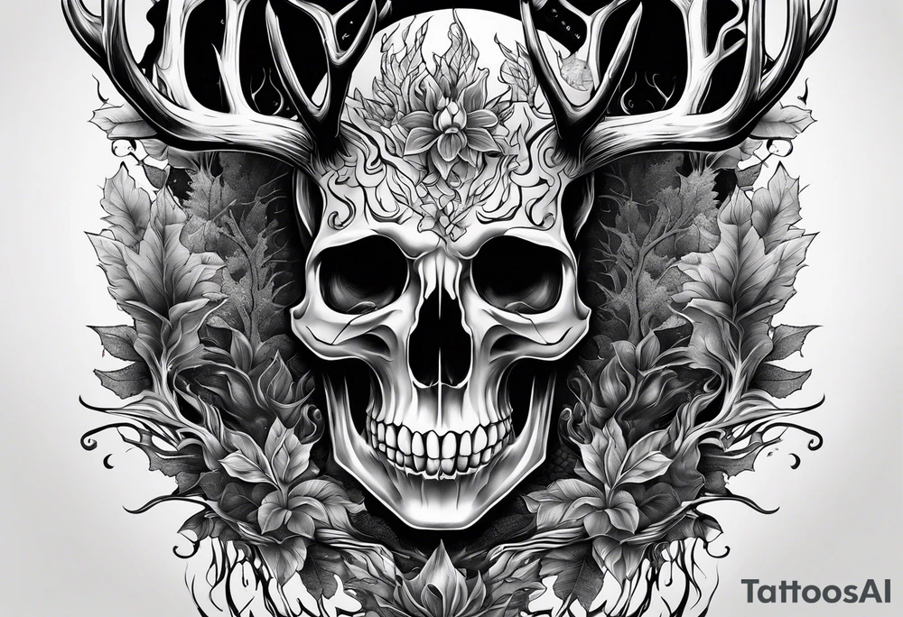 A human with a deer skull head, flames and trees tattoo idea