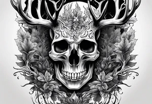 A human with a deer skull head, flames and trees tattoo idea