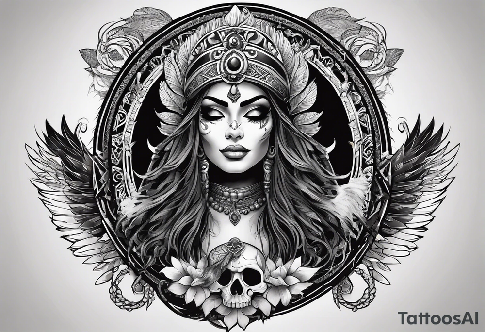 kali, goddess pirate, pachamama, warrior, skull, lotus, wing, eagle, zenza resonance tattoo idea