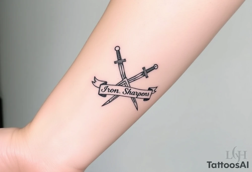 Two crossed swords in a forearm tattoo sketch style, with a flowing banner that reads “Iron Sharpens Iron.” Black ink, simple and bold. tattoo idea