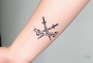 Two crossed swords in a forearm tattoo sketch style, with a flowing banner that reads “Iron Sharpens Iron.” Black ink, simple and bold. tattoo idea