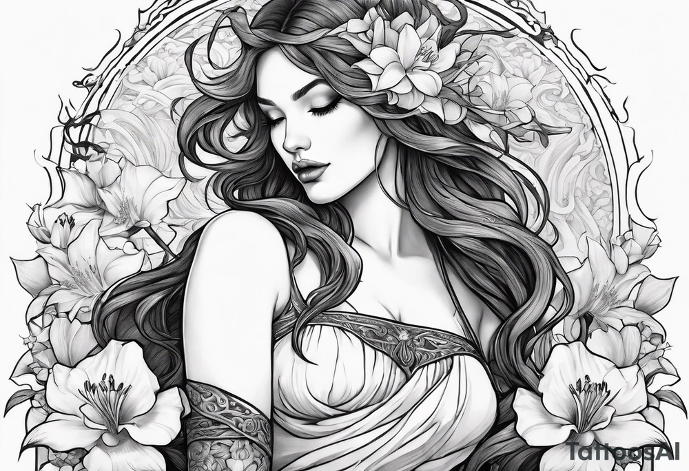 a side view of lilith holding a serpent and surrounded by lilies tattoo idea