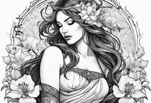 a side view of lilith holding a serpent and surrounded by lilies tattoo idea