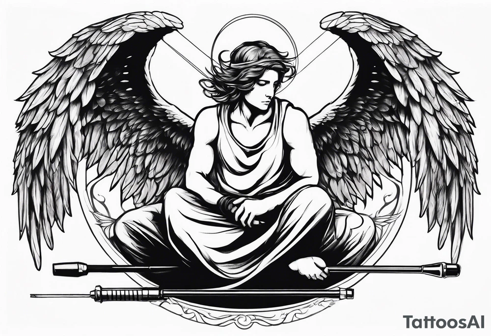 male angel with wings and a halo sitting peacefully with fishing rod tattoo idea