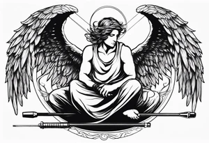 male angel with wings and a halo sitting peacefully with fishing rod tattoo idea