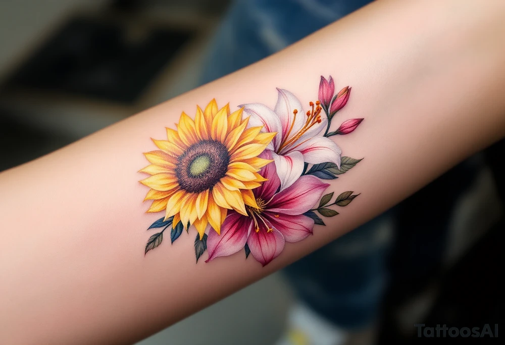 Sunflowers and stargazer lillies in pink and white in a dainty wildflower bouquet tattoo idea