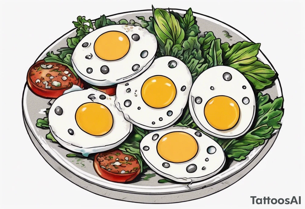 A round, thin 5 fried eggs with salt pepper and a bit greens and sredded cheese on the top tattoo idea