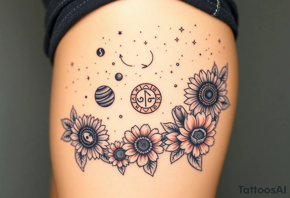 Milky way galaxy with planets with zodiac symbols and protection runes in it with tigerlillies roses and sunflowers tattoo idea