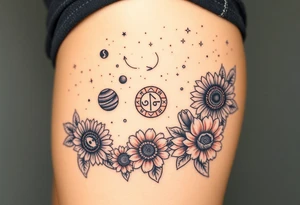 Milky way galaxy with planets with zodiac symbols and protection runes in it with tigerlillies roses and sunflowers tattoo idea