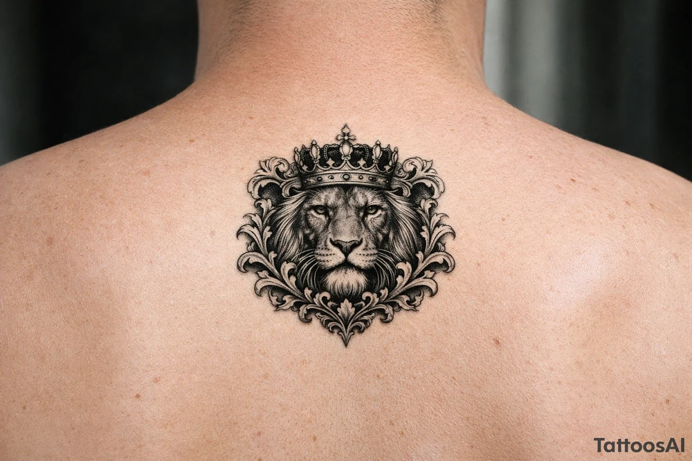 powerful majestic lion with a crown, framed by ornate floral scrollwork tattoo idea