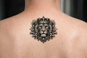 powerful majestic lion with a crown, framed by ornate floral scrollwork tattoo idea