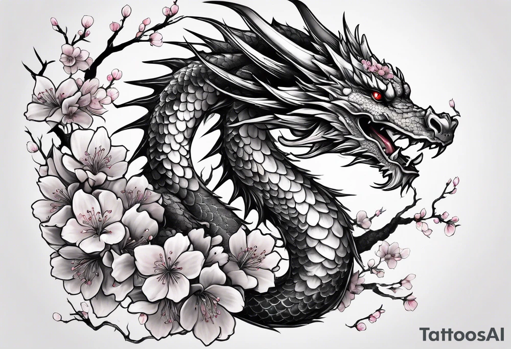 A dragon with wings covered in cherry blossoms on the thigh tattoo idea
