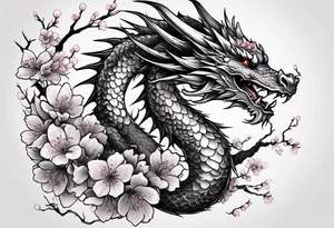 A dragon with wings covered in cherry blossoms on the thigh tattoo idea