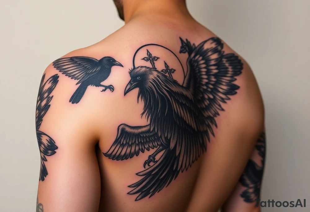 Left sleeve tattoo.

Morrigan Celtic  goddess of death is the primary focus of the tattoo

Crone imagery. 

Powerful dark magic

Multiple crows. 

. Realistic, black and white

Stronger focus on Celtic symbolism

Protector of natural world

Complex level of detail tattoo idea