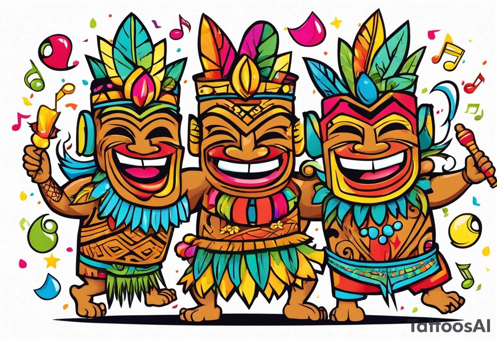 tiki party with dancing tiki guys and sexy tiki girls with music notes and confetti tattoo idea