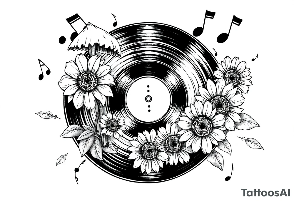 vinyl record player with mushrooms, sunflowers, and music notes around it tattoo idea