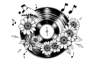 vinyl record player with mushrooms, sunflowers, and music notes around it tattoo idea