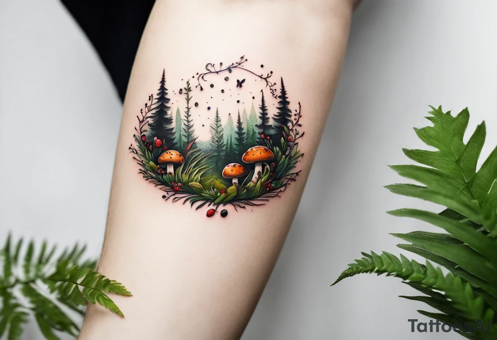 minimalistic forest floor inspired tattoo, which includes grass, moss, curly ferns and dead leaves as the bulk of the tattoo. details to include: forest berries, couple of very small brown mushrooms, a tiny bumblebee flying nearby tattoo idea