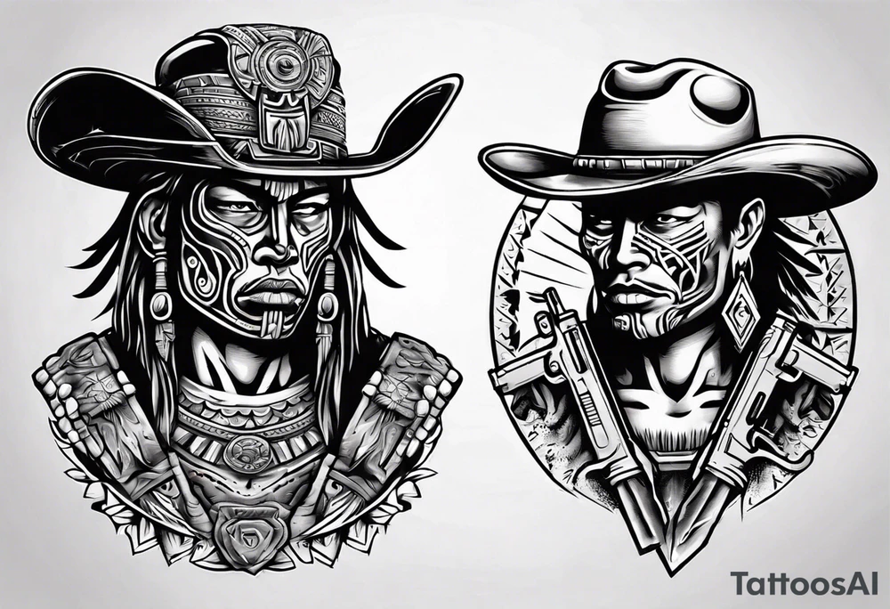 Aztec warrior with cowboy hat holding a gun tattoo idea
