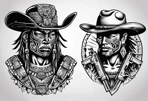 Aztec warrior with cowboy hat holding a gun tattoo idea