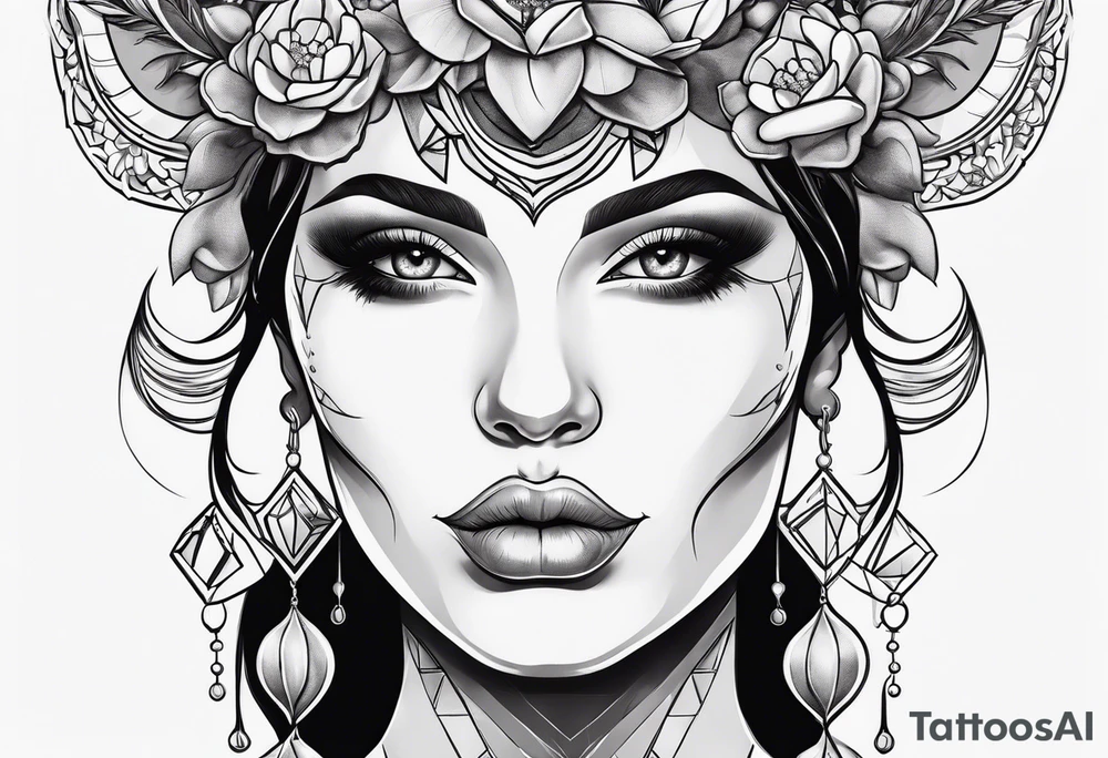 Beautiful Horned lady face holding a pomegranate tattoo idea