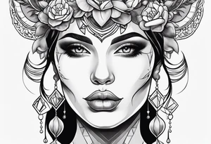 Beautiful Horned lady face holding a pomegranate tattoo idea
