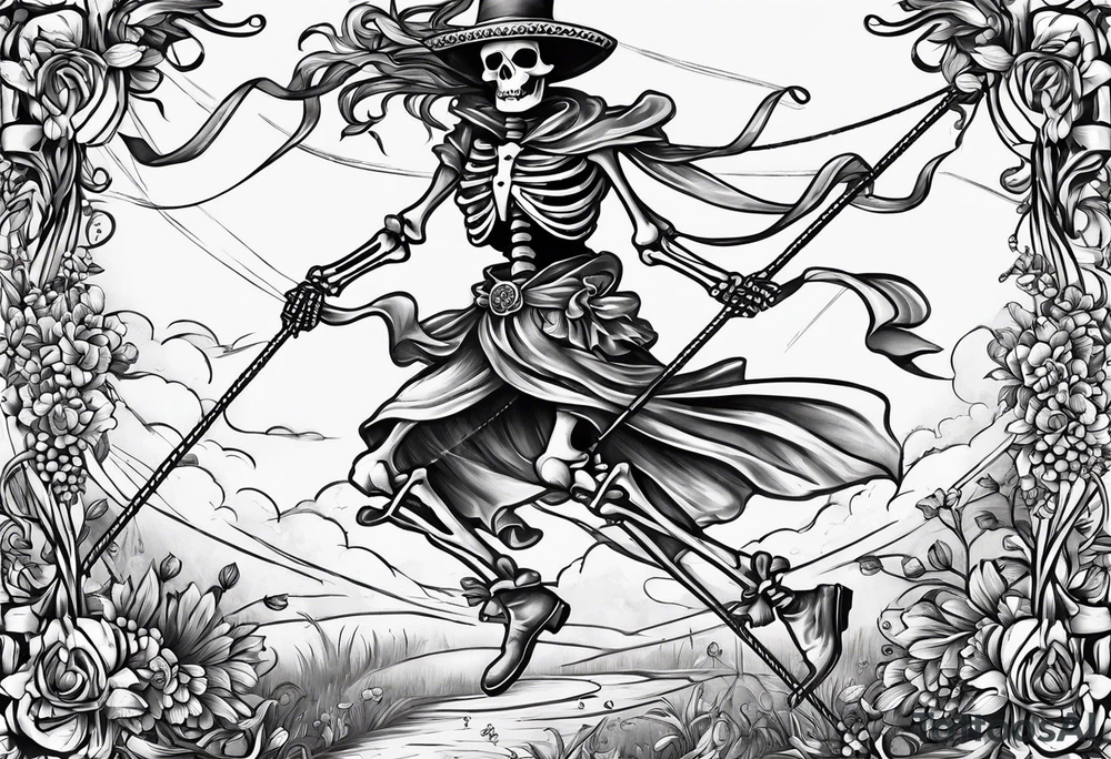 Skeleton dancing around a May pole with ribbons tattoo idea