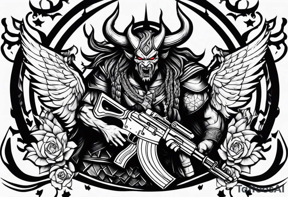 Satan and two AK-47's tattoo idea