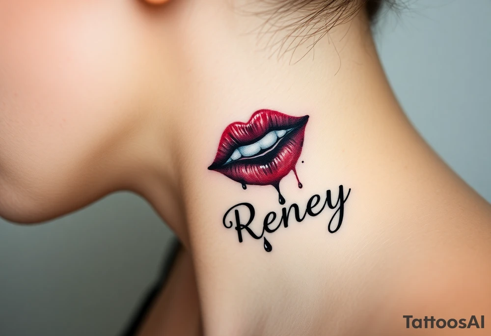 Seductive Stain from lipstick kiss with name Reney lowercase with drool tattoo idea