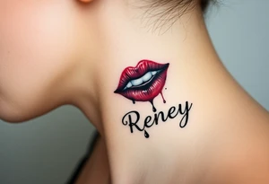 Seductive Stain from lipstick kiss with name Reney lowercase with drool tattoo idea