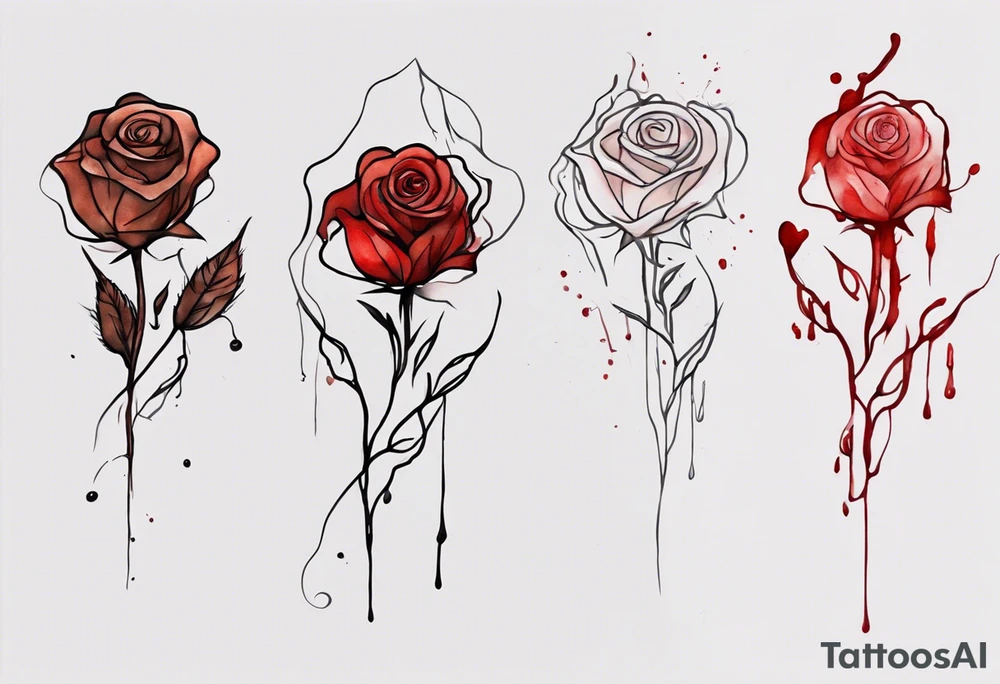 rose flower, one line, red blood dripping from the flower, tall, watercolor on brown skin tattoo idea