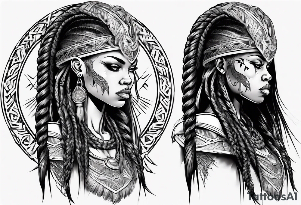 African female valkyre Viking warrior full body angelic
slim long face long braided hair descending from heaven tattoo idea