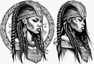 African female valkyre Viking warrior full body angelic
slim long face long braided hair descending from heaven tattoo idea