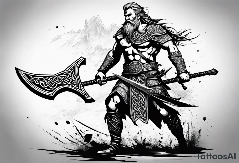 Full body side profile of
Celtic warrior with an axe in one hand and a sword in the other walking into battle tattoo idea