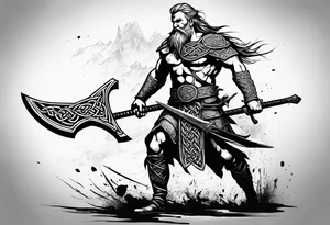 Full body side profile of
Celtic warrior with an axe in one hand and a sword in the other walking into battle tattoo idea