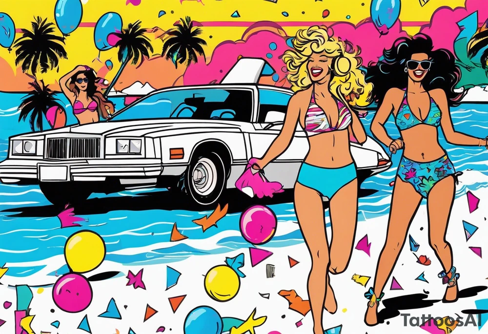 1980's miami vice style beach dance 
party, include confetti, music notes, boom box, bikinis tattoo idea