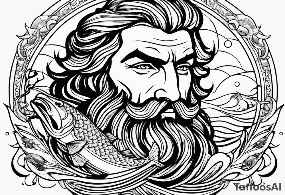 Poseidon with waves and fish tattoo idea