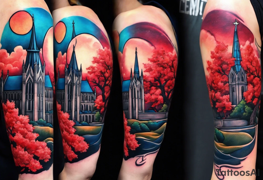 Full arm sleeve with multiple elements blended together. I want the Duke university chapel , cherry tree elements , red clouds from akatski , naruto , Atl skyline and captain C tattoo idea