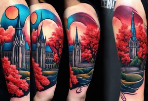 Full arm sleeve with multiple elements blended together. I want the Duke university chapel , cherry tree elements , red clouds from akatski , naruto , Atl skyline and captain C tattoo idea