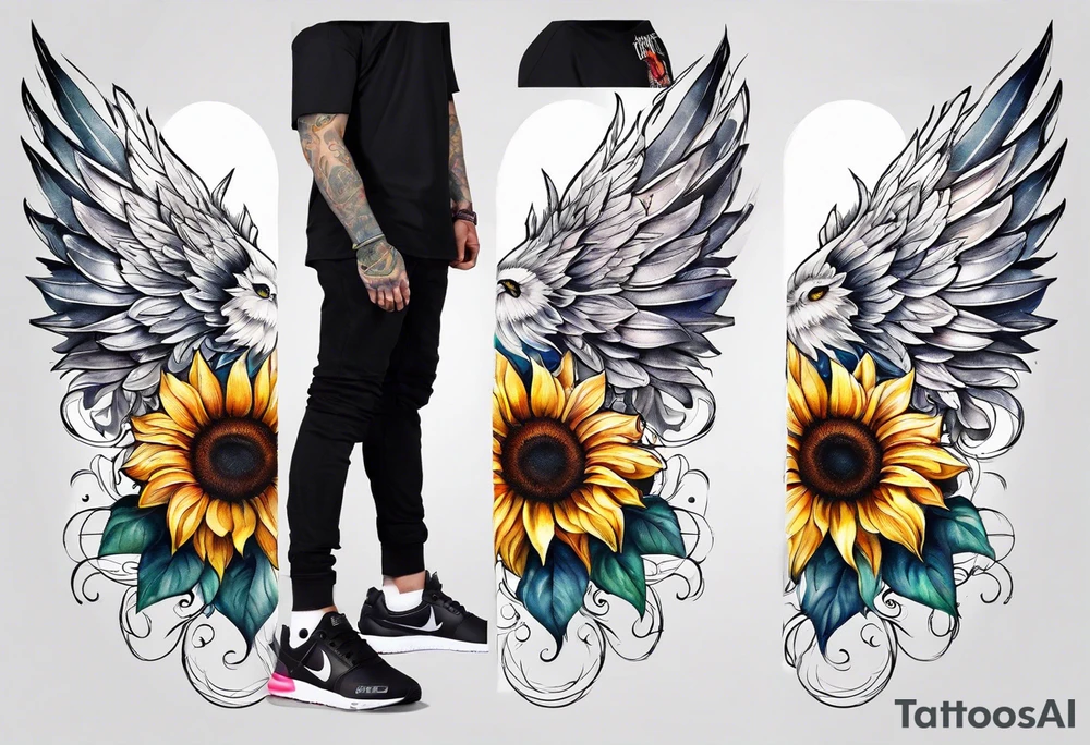 Sunflowers and angel wings leg sleeve tattoo idea
