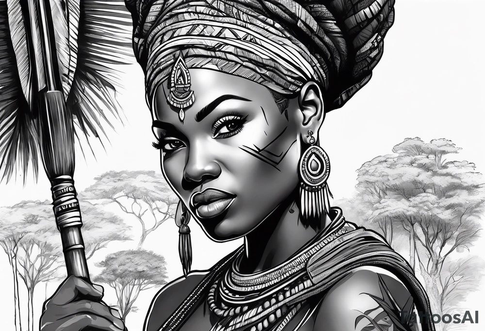 African woman warrior holding spear with earrings. Tribe marks on her face and trees,brids and elephants in the background tattoo idea
