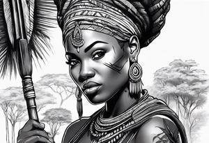 African woman warrior holding spear with earrings. Tribe marks on her face and trees,brids and elephants in the background tattoo idea