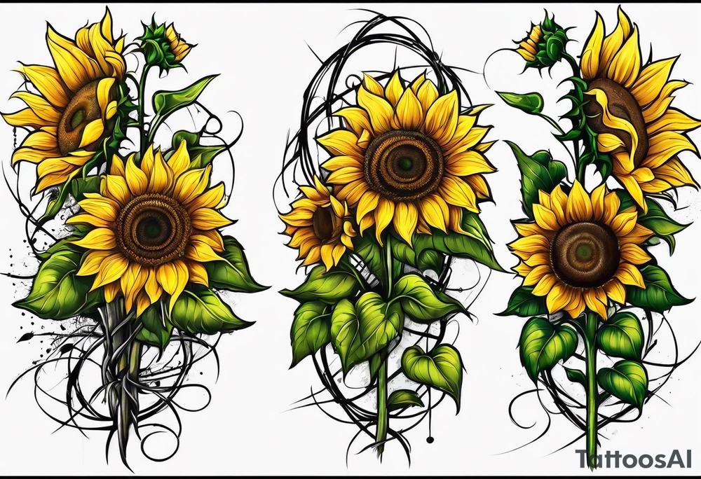 Sunflower, wheat, and barbed wire half sleeve tattoo idea Sunflower, wheat, and barbed wire half sleeve tattoo idea
