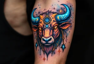 Like a cosmic guardian, Taurus watches with ochre eyes and glowing indigo horns and taurus star constellation anchors the spring sky. tattoo idea